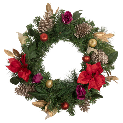 Decorated Red Poinsettia and Rose Artificial Christmas Wreath, 24-inch, Unlit