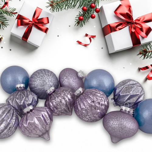 Set of 12 Purple Tone Finial and Glass Ball Christmas Ornaments