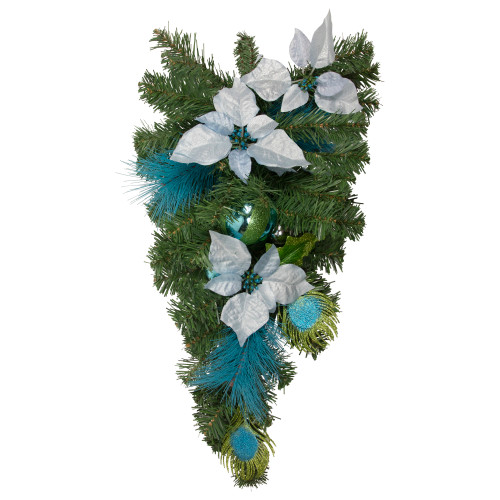 Peacock Feather and Poinsettia Artificial Christmas Teardrop Swag - 22" - Unlit