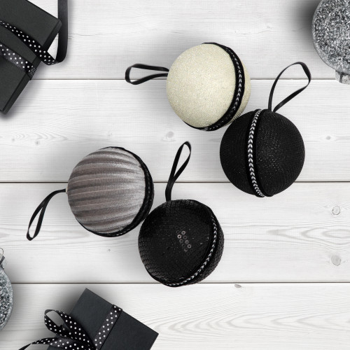 Sequin and Glitter Christmas Ball Ornaments with Ribbon - 2.75" - Black - Set of 4