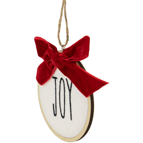 4.5" Embroidered "Joy" Christmas Disc Ornament with Bow