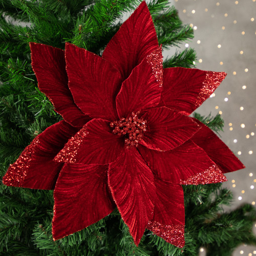 24" Red Glittered Poinsettia Christmas Stem Spray