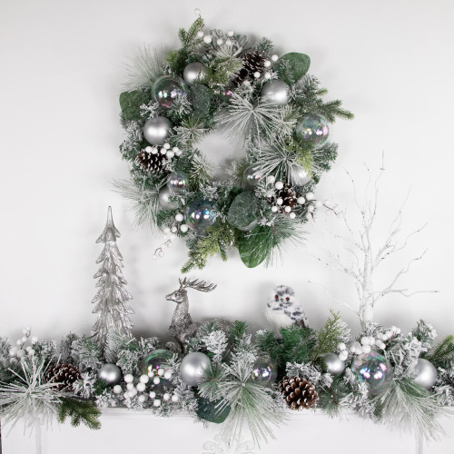Flocked Pine Artificial Christmas Wreath with Iridescent Ornaments, 24-Inch, Unlit