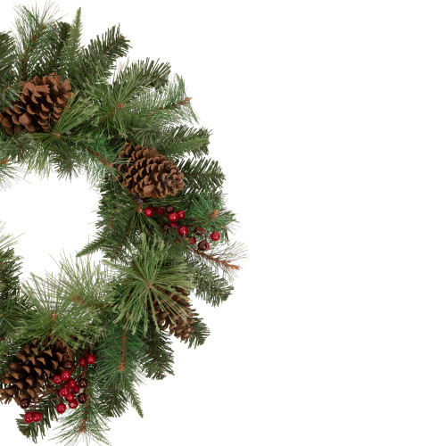 Pre-Lit Battery Operated Mixed Pine and Berries Christmas Wreath - 24" - Warm White LED Lights