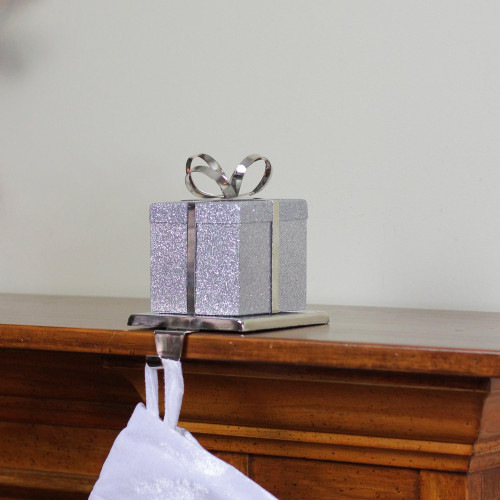 5.5" Silver Glitter Gift Box with Bow Christmas Metal Stocking Holder