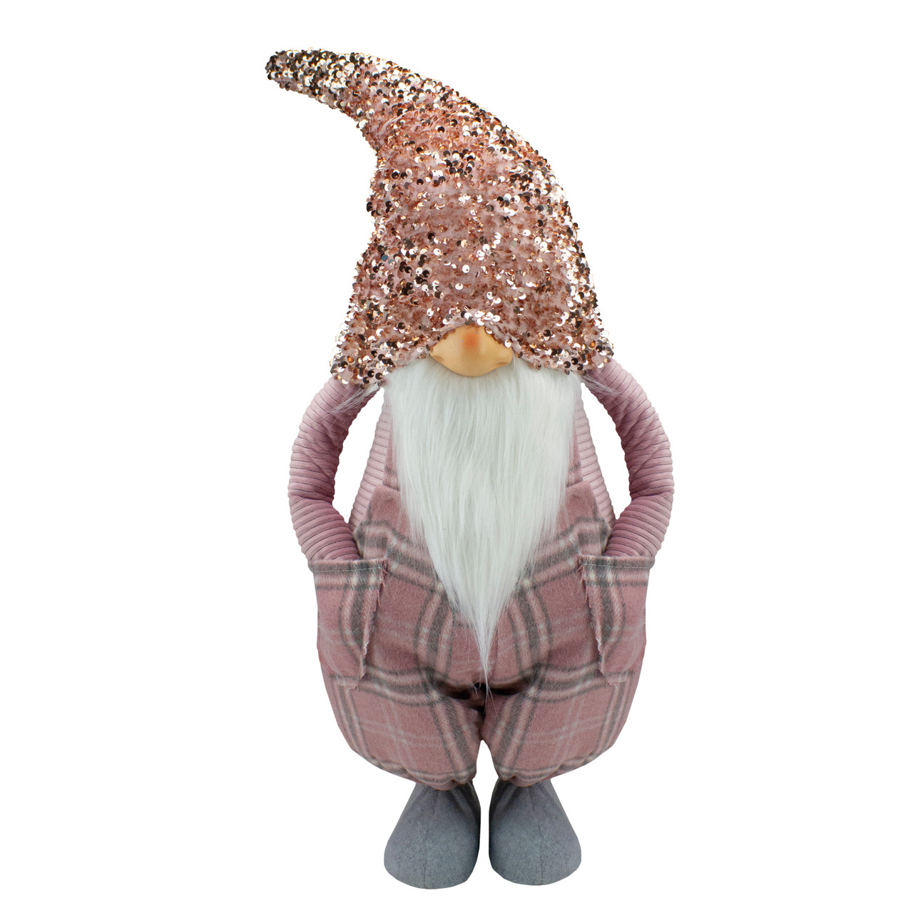 Tall Christmas Gnome Figure with Plaid Overalls Sequin Hat - 30" - Pink and Gray