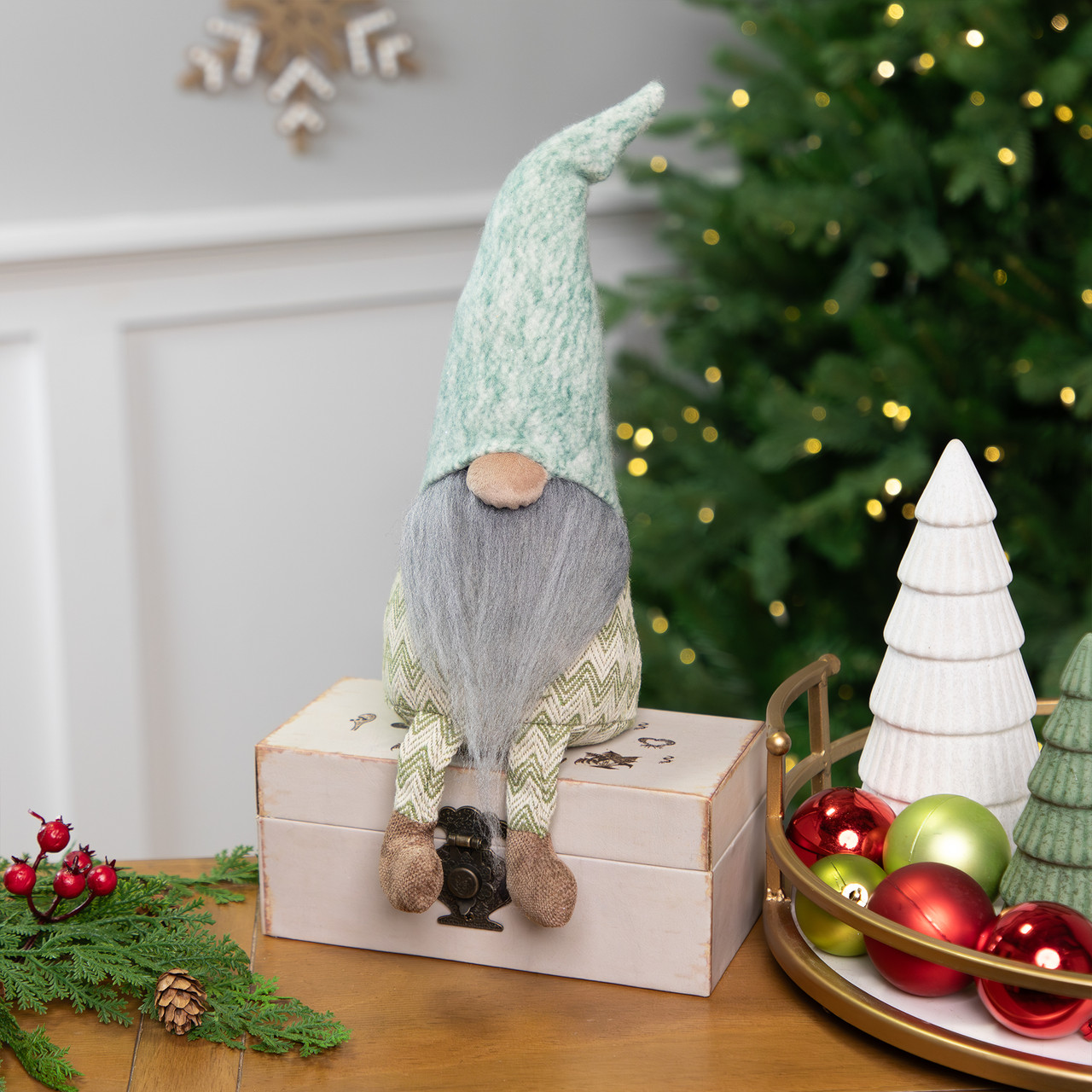 Sitting Gnome With Chevron Outfit Christmas Figure - 13.75"