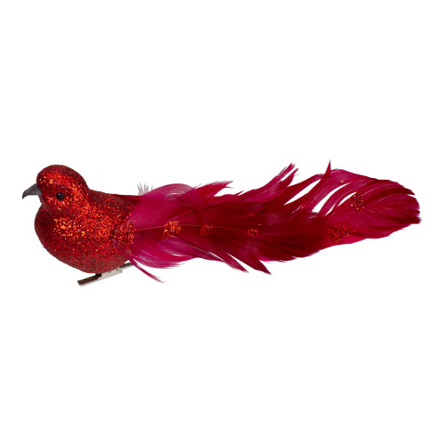 7" Red Glittered Bird With Feathers Christmas Clip On Ornament