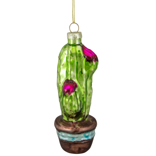 4.75" Green and Pink Potted Cactus Glass Christmas Ornament