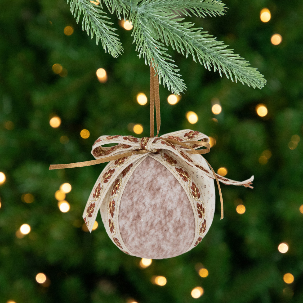 Embroidered Leaves Christmas Ball Ornaments - 3" - Cream - Set of 6