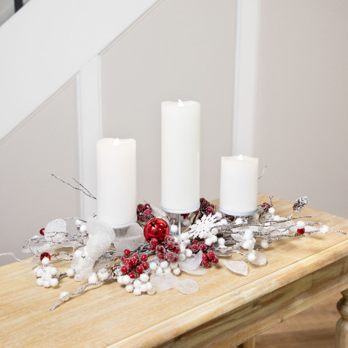 Berries and Snowflakes Christmas Pillar Candle Holder - 24" - Red and White