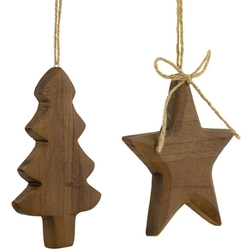 Set of 2 Tree and Star Wooden Christmas Ornaments 5"