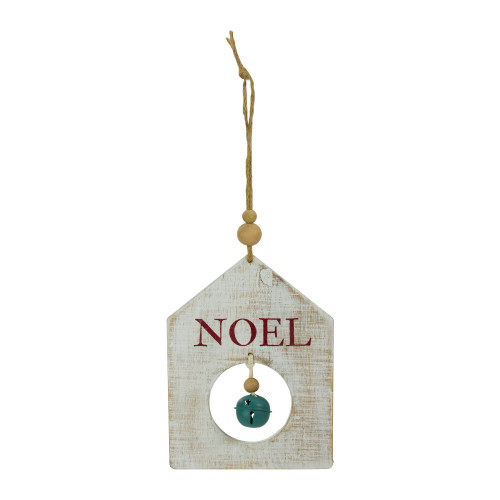 8" Rustic Wooden White "NOEL" With Green Bell Christmas Ornament