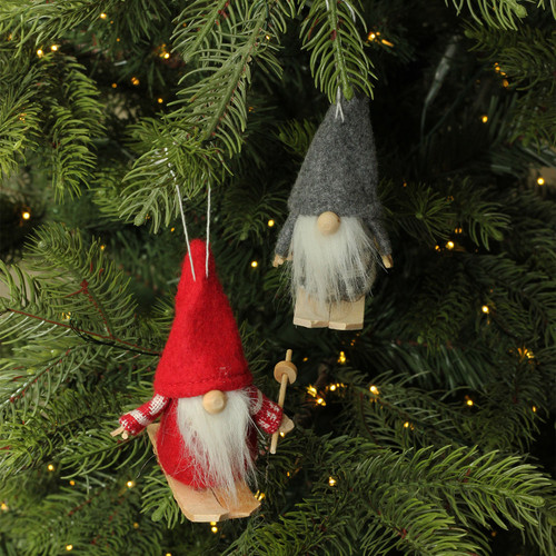 Set of 2 Red and Gray Skiing Gnomes Christmas Ornaments 5"