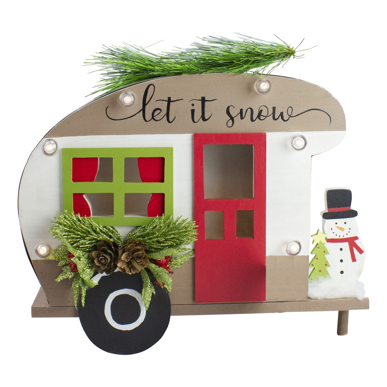 Pine and Snowman RV "Let It Snow" Christmas Decoration - 12" - Red and Green