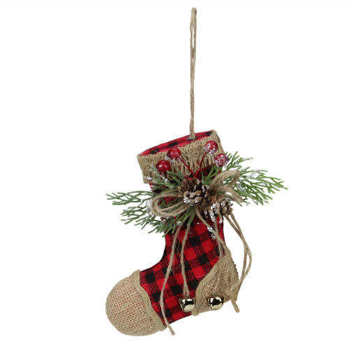 5.75" Red Plaid and Burlap Christmas Stocking Ornament
