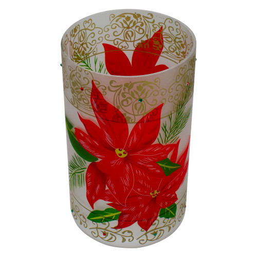 10" Hand-Painted Red Poinsettias and Gold Flameless Glass Christmas Candle Holder