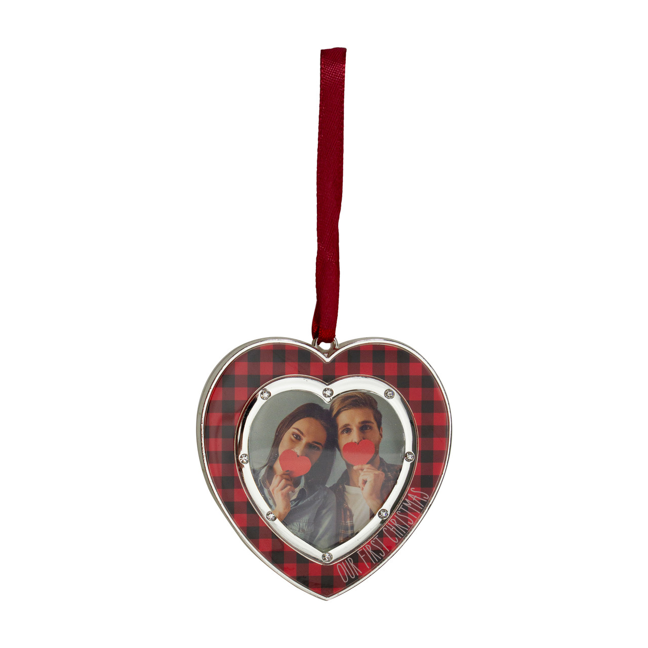 Buffalo Plaid Heart Shaped Picture Frame Christmas Ornament - 3" - Silver Finish