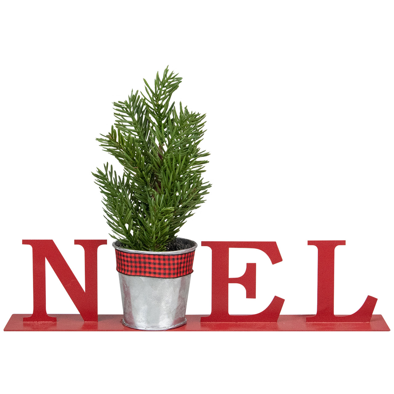 Potted Faux Pine in Metal "NOEL" Planter Christmas Decoration - 13" - Red