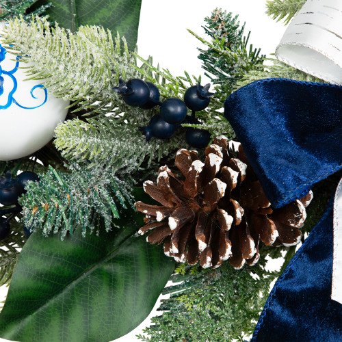 Frosted Pine with Blueberries, Bows and Ornaments Christmas Wreath - 24" - Unlit
