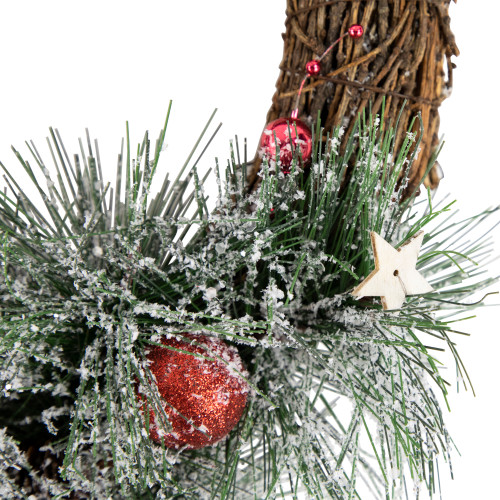 Red Ornaments, Pine Needle and Stars Frosted Christmas Wreath, 13.75-Inch