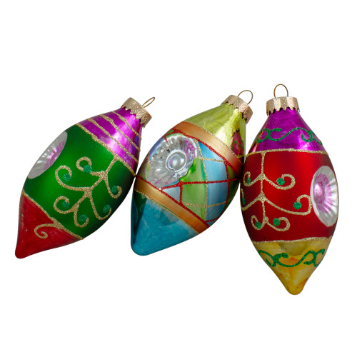 3ct Multi Color with Retro Reflectors Glass Finial Christmas Ornament Set 4.25" (100mm)