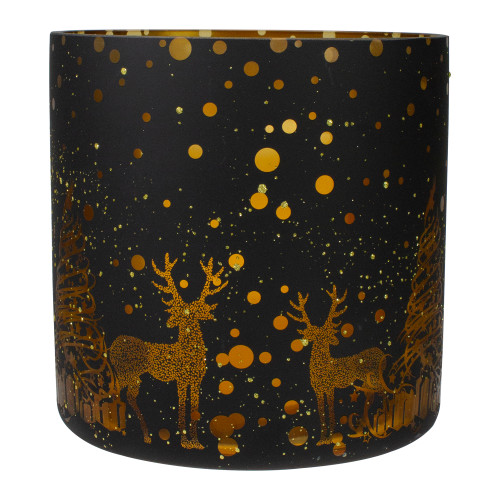6" Black and Gold Deer and Pine Trees Flameless Glass Candle Holder