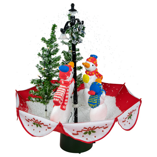 30" Musical Lighted Snowing Snowman Family in Umbrella Base Christmas Decoration