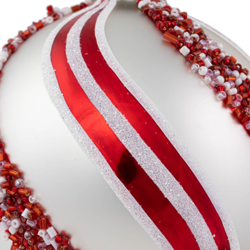 Set of 2 Silver with Red Glitter and Beads Striped Glass Christmas Ball Ornaments 4"
