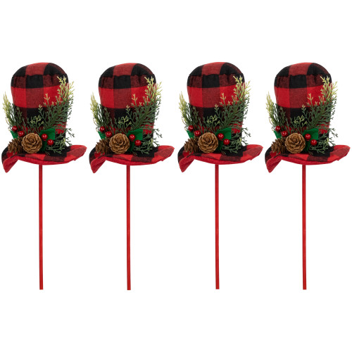Set of 4 Red and Black Plaid Plush Winter Hat Christmas Picks 15"