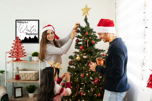 Walking in a Winter Wonderland 15.5" x 15.5" Framed Christmas Wall Decor Art Print Sign Poster in a Black Wooden Frame with UV Acrylic and Hangers