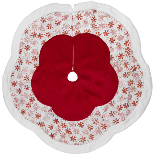 48" Red and White Glitter Snowflake Scallop Christmas Tree Skirt