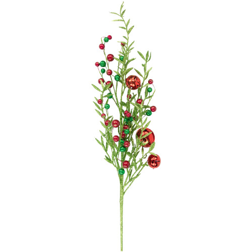32" Green and Red Jingle Bells and Berry Artificial Glitter Christmas Spray
