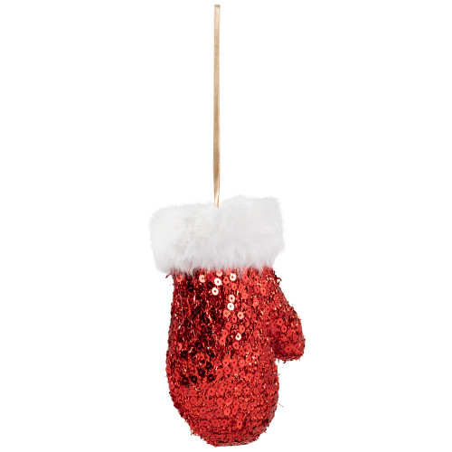 Sequined Winter Mitten with Plush Trim Christmas Ornament -  6" - Red