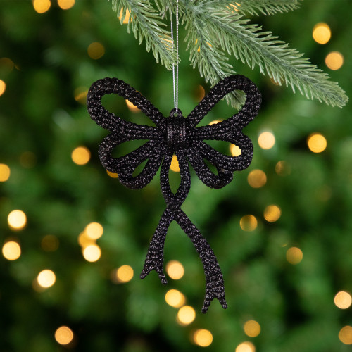 Set of 4 Black Glitter Bowtie Christmas Ornaments 6"