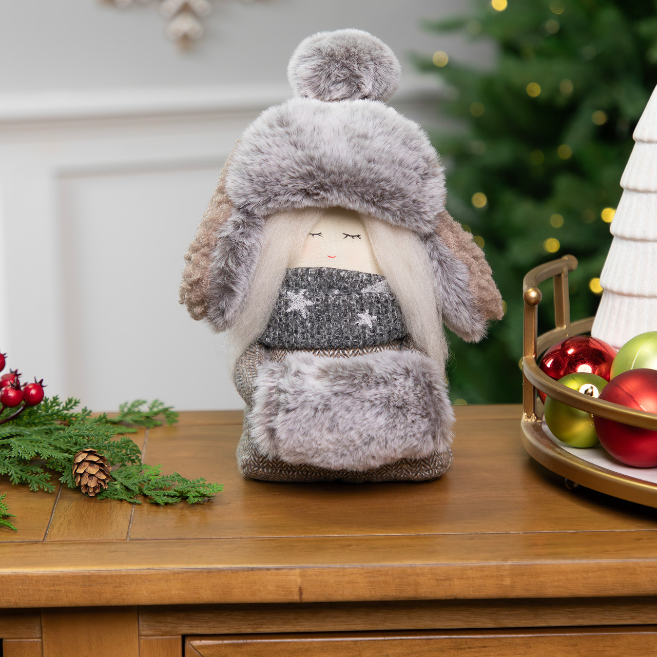 Gnome Girl with Plush Trapper Hat Christmas Figure - 5.5"