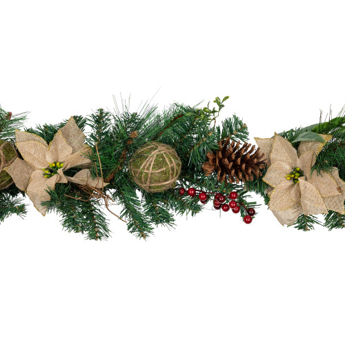 Pine with Burlap Poinsettias and Jute Ornaments Christmas Garland - 6' x 10" - Unlit