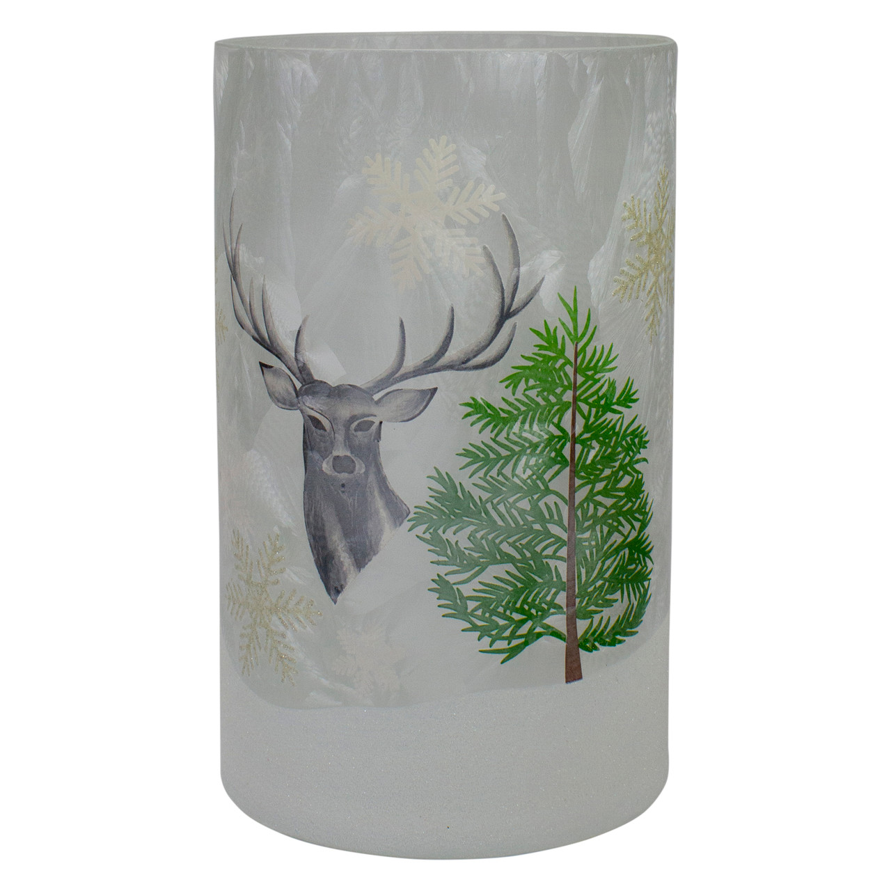 10" Deer, Pine and Snowflakes Hand Painted Flameless Glass Christmas Candle Holder