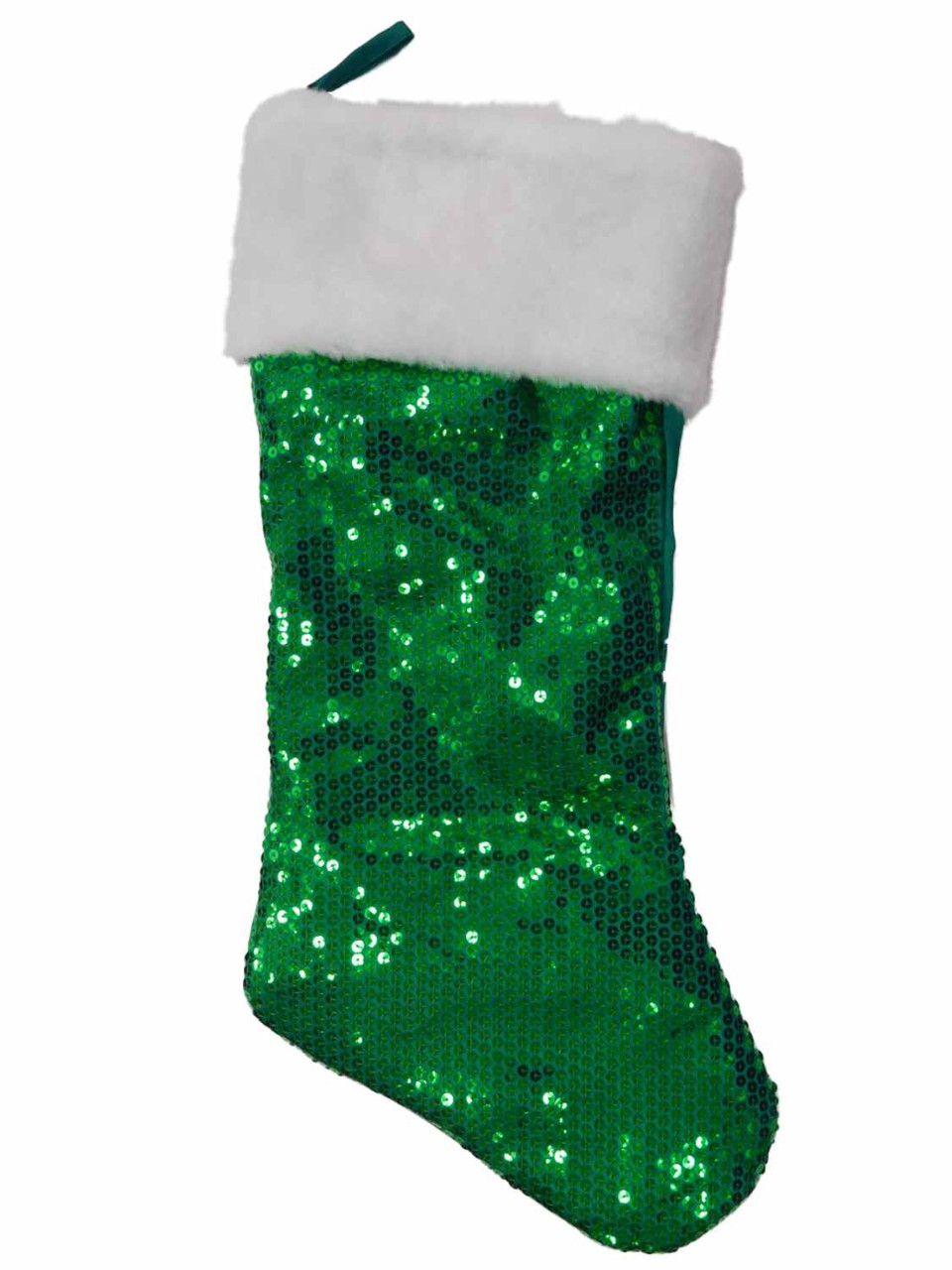 Green & White Satin Sequin & Faux Fur Christmas Holiday Stocking