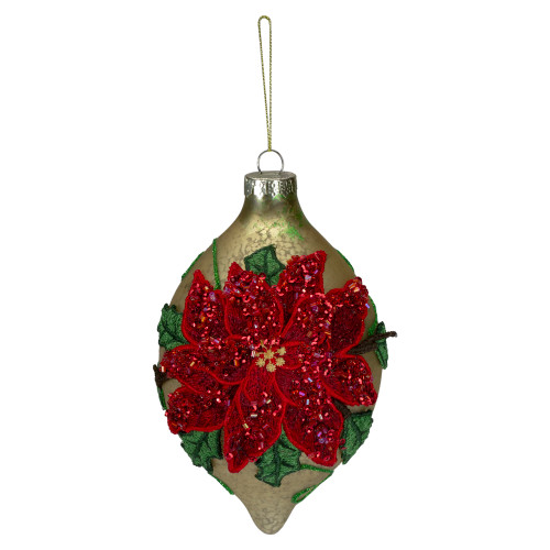 Poinsettia Finial Christmas Ornament - 6.5" - Red and Gold