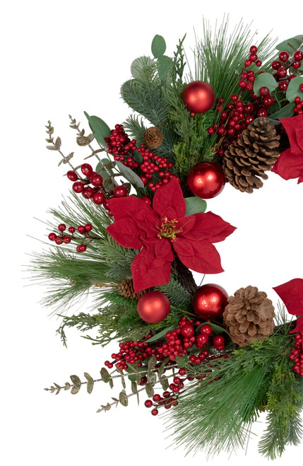 Artificial Red Berry and Poinsettia Christmas Wreath, 28-Inch, Unlit