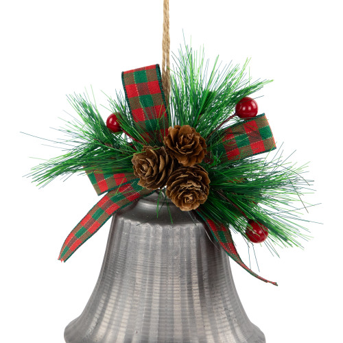 Bells with Pine Sprigs and Plaid Bow Christmas Ornaments - 7" - Silver - Set of 2
