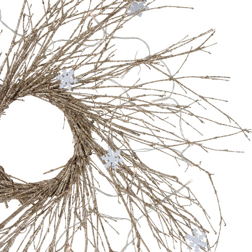 Pre-lit Glittered Twig and Snowflake Christmas Wreath - 28" - Warm White LED Lights