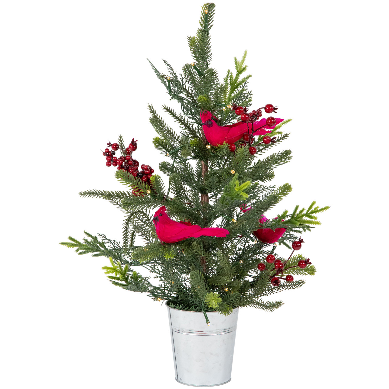 Pre-Lit LED Mixed Pine Potted Christmas Tree with Berries and Cardinals - 2' - Warm White Lights