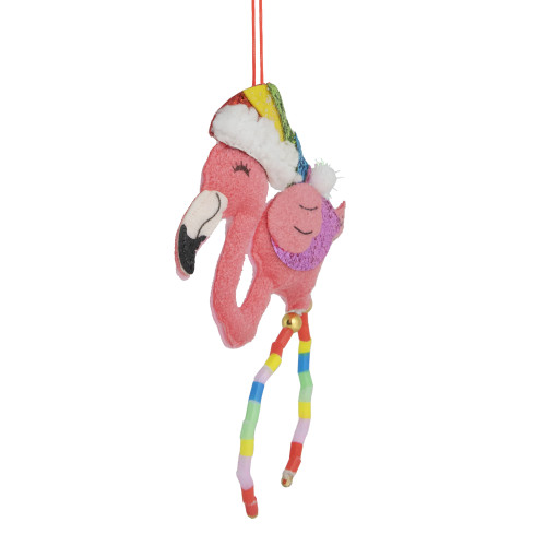 7.5" Pink Plush Flamingo with Rainbow Santa Hat Christmas Ornament