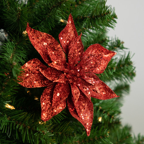 9" Red Glittered Poinsettia Christmas Clip Ornament