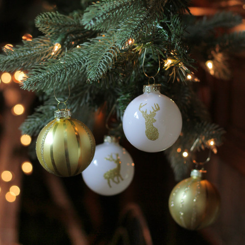 4-Piece Champagne Gold and White Striped Deer Christmas Glass Ball Ornaments 3.5" (90mm)