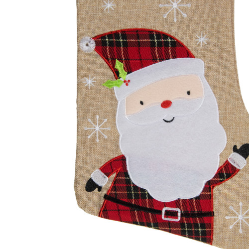 19" Burlap Plaid Whimsical Santa Waiving Christmas Stocking