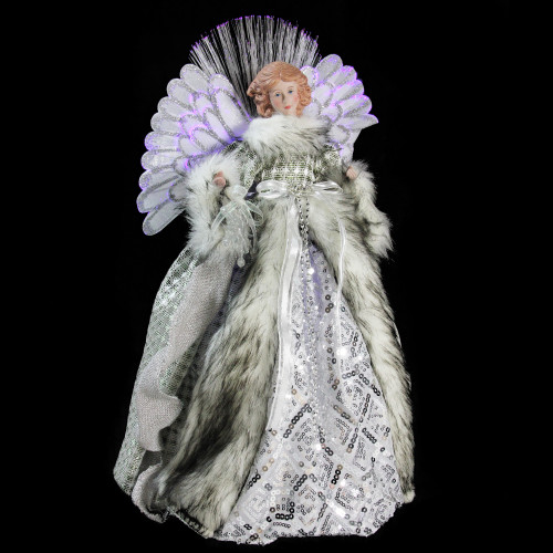16" Lighted Fiber Optic Angel in Silver Gingham Coat Christmas Tree Topper
