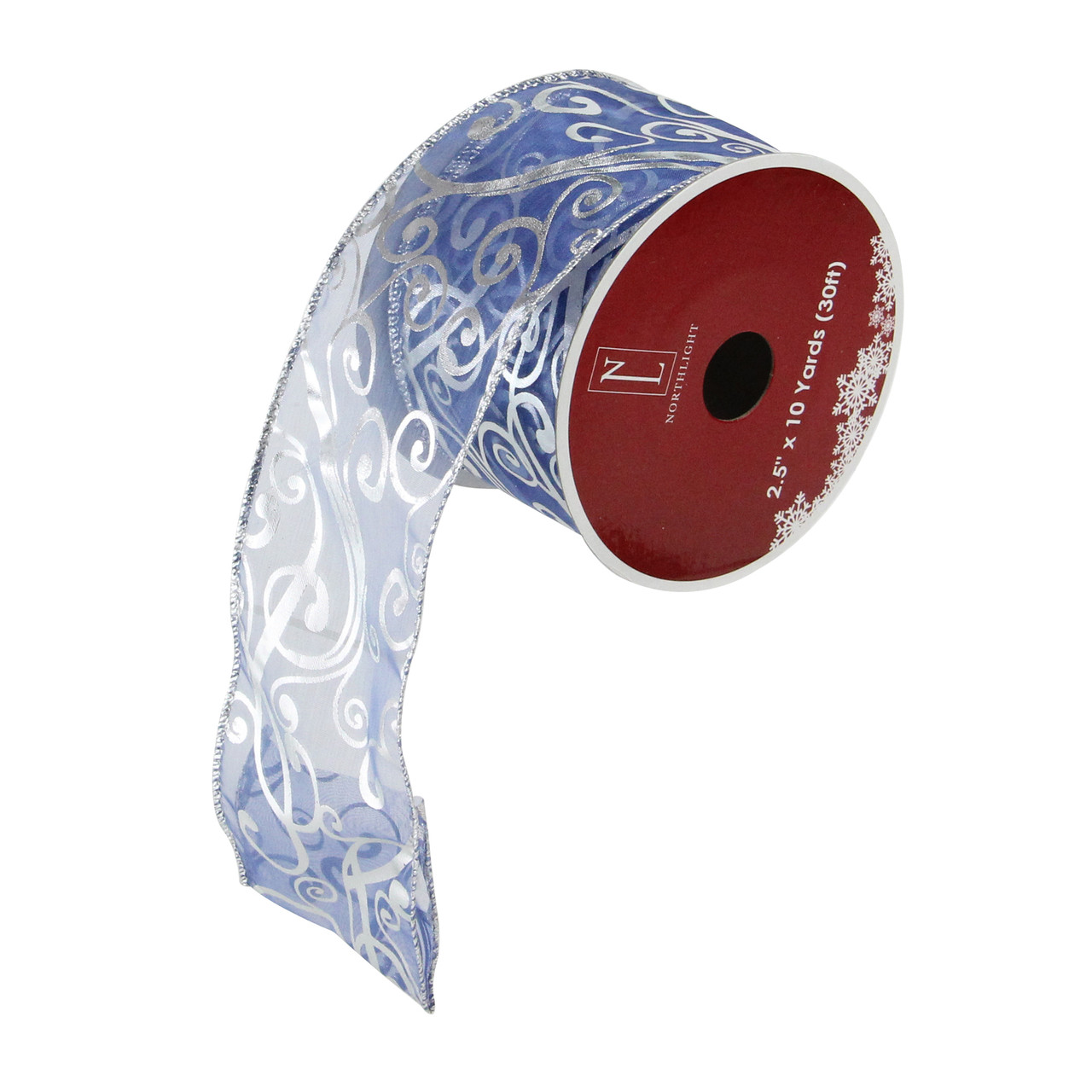 Blue and Silver Abstract Swirls Christmas Wired Craft Ribbon 2.5" x 10 Yards